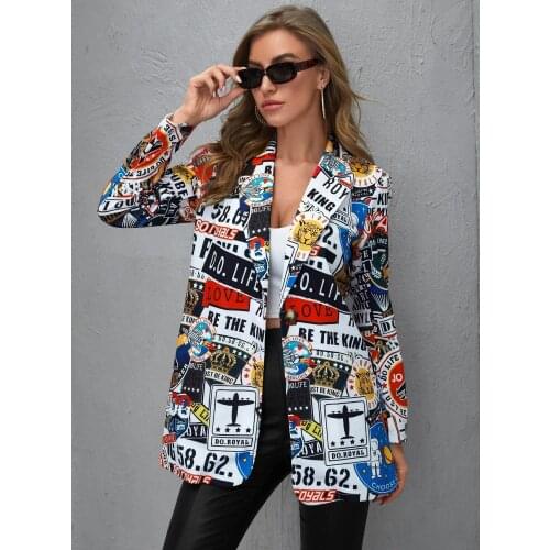 Vintage Letter Irregular Printing Blazer Women Jacket High Street Fashion Fall Plus Size Elegant Coat American Ladies Suits