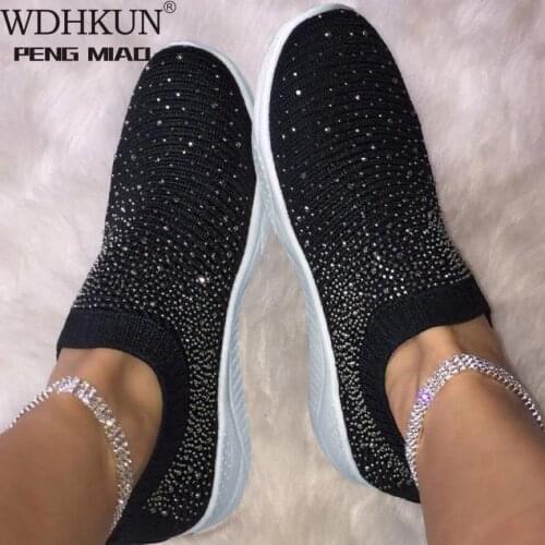 WDHKUN Womens Ladies Ankle Shoes Flat Loafers Crystal Fashion Bling Sneakers Casual Ladies Slip On Breathable Casual Shoes #xsw