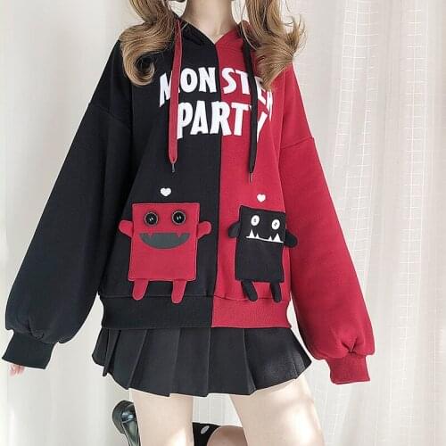 Japanese Mori Monster Party Colorblock Asymmetric Patch Sweatshirt Loose Autumn Winter Plus Velvet New Hooded Sweatshirt