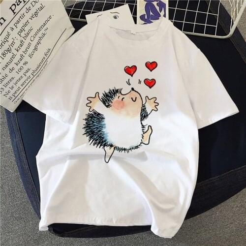 Cartoon Female Hedgehog with Dandelion Tshirt Summer Tee Shirt Easy short-sleeved female T-shirtMatching Round Neck T-shirts