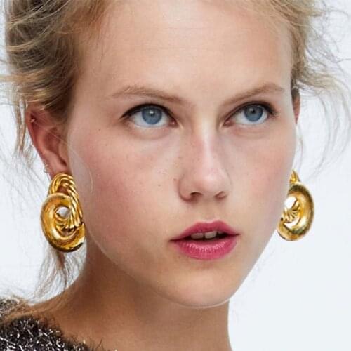 Golden Double Round Geometric Stud Earrings for Women Vintage ZA Fashion Jewelry Cool Punk Earrings Atmosphere Ear Piercing