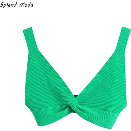 Splend Moda 2021 Summer Chic Sexy V-Neck Twist Short Knitted Folds Crop Top Women Solid Color Camisole Casual Fashion Female