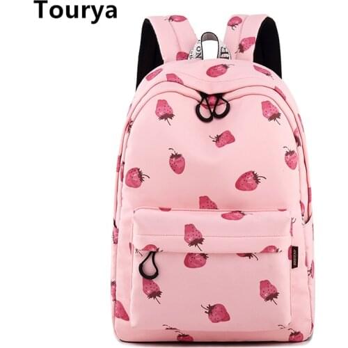 Tourya Fashion Pink Waterproof Women Backpack Lady Strawberry Printing Knapsack School Bags for Teenage Girls Bookbags Mochila