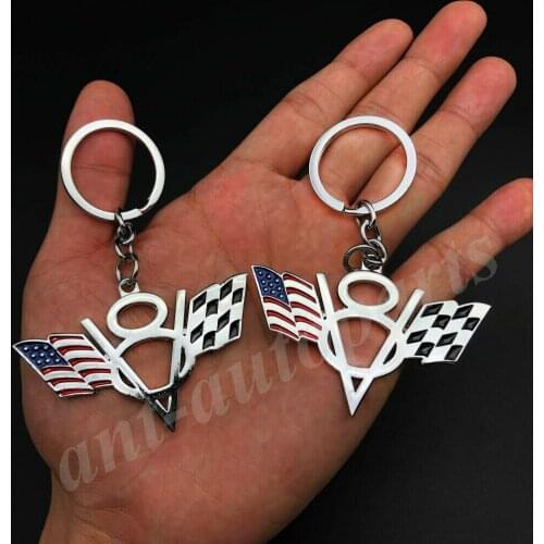 2pcs Metal Chrome Car V8 Vintage USA Flag Key Ring Chain Fob Emblem Badge