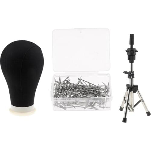 22in Professional Cork Canvas Block Mannequin Head For Wigs With Stainless Steel Adjustable Tripod Stand and 100pcs 3.5cm Pins