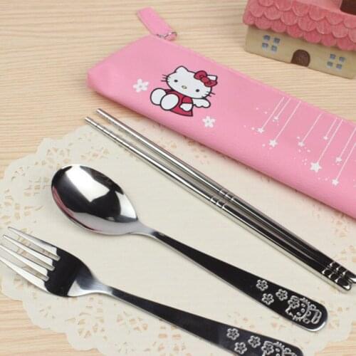3PCS/SET Cartoon Cute Cat Blue Machine CatStainless Steel Travel Dinnerware Set Cutlery Fork Set For Kids Children Tableware