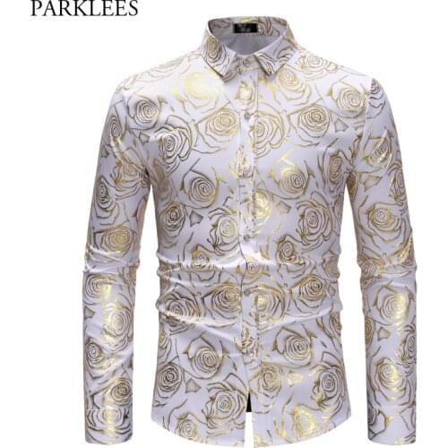 Shiny Gold Rose Print White Men Shirt Long Sleeve Slim Fit Floral Mens Dress Shirts Party Casual Prom Male Social Shirt Camisas