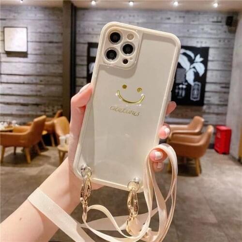 Lanyard Phone Case For iPhone 12 Mini 12 11 Pro Max XR XS Max 7 8 Plus SE Cartoon Gilded Smile Face Clear Soft TPU Back Cover