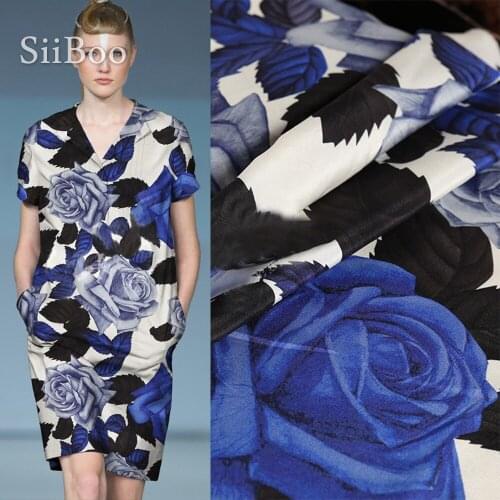Fashion blue rose printed super heavy 30mm crepe de chine silk fabric for autumn long dress telas para vestidos tessuti SP5850