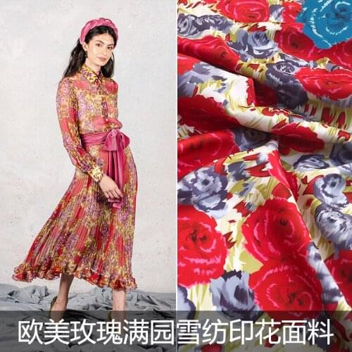European and American brand new rose flower satin chiffon female clothing haute couture printed fabric