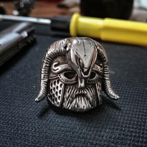 EYHIMD Vintage Nordic Warrior Stainless Steel Ring Viking Shofar Horn Helmet Skull Men Rings Cool Biker Jewelry
