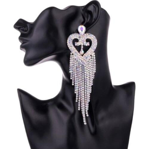 FARLENA Wedding Jewelry long Heart Crystal Drop Earrings Luxury Big Rhinestones Tassel Earrings for Women Christmas Party