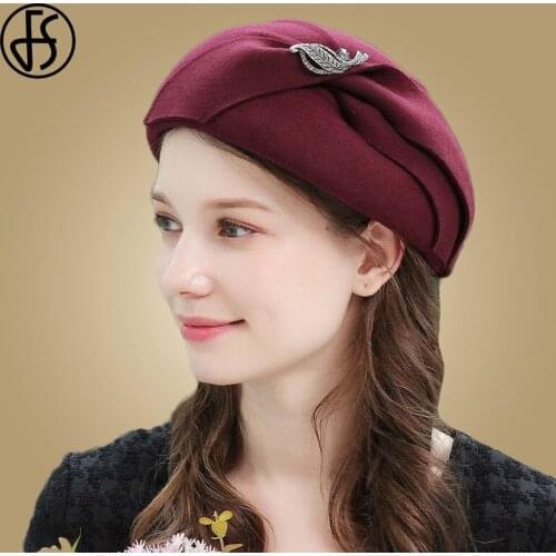 FS Black Beret Hats For Women Fedora Wide Brim Wool Felt Hats Cloche Hat For Ladies Hat Vintage Church Round Berets Chapeau Femm
