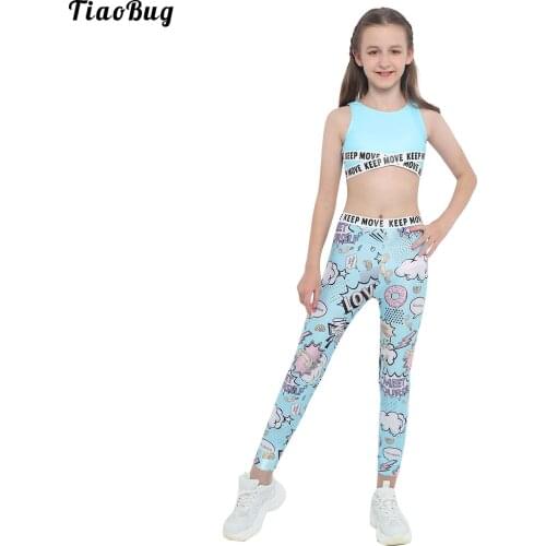 TiaoBug Summer 2Pcs Kids Girls Sport Yoga Suit Round Neck Sleeveless Letters Print Crop Top Cartoon Graffiti Print Leggings Set