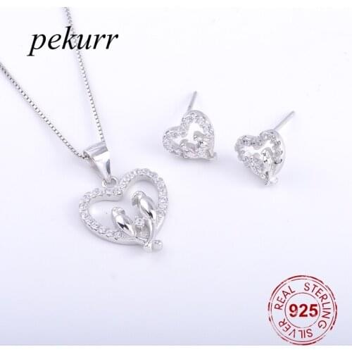Pekurr 925 Sterling Silver Love Bird Couples Home Heart Earrings Necklace Sets For Women Zircon Pendants Wedding Jewelry Set