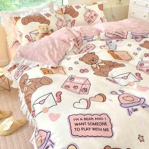 Kawaii Bear Bedding Sets Luxury Egyptian Cotton Duvet Cover Cute Lace Bed Sheet Fitted Set Cotton With Pillow Cover Pink Queen