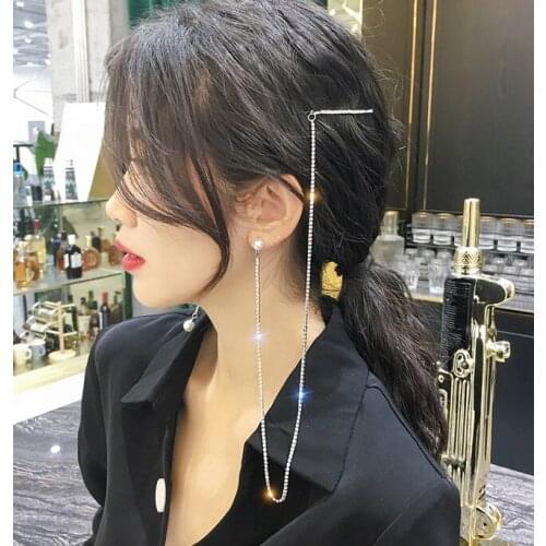 Korea Fashion rhinestone earrings with hairpin or brooch summer temperament long tassel earrings personality pearl earrings Jewe