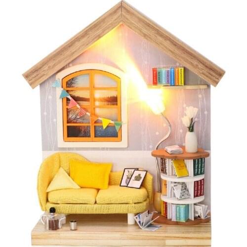 Mini Diy Doll House Miniatures Living Room Dollhouse Books Miniature Kit Wooden LED Light For Children Toys Furnitures Maison