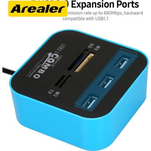 7-in-1 Multifunctional USB2.0 Hub Converter Card Reader with 3 USB2.0 Expansion Ports TF/SD/MS/M2 Card Slots Plug and Play