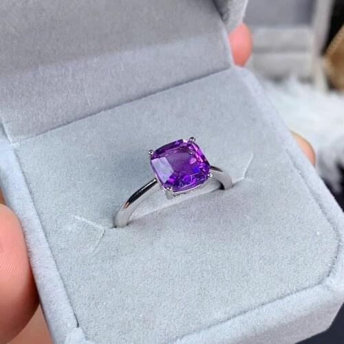 Fashion delicate square Natural amethyst gem Ring S925 Silver Natural violet crystal Ring Womens girl office Rings Jewelry