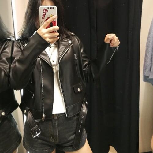 2021 Autumn Women Solid Lapel Collar Faux Leather Jacket With Belt Front Zipper Female Casual Biker Coat пальто женское