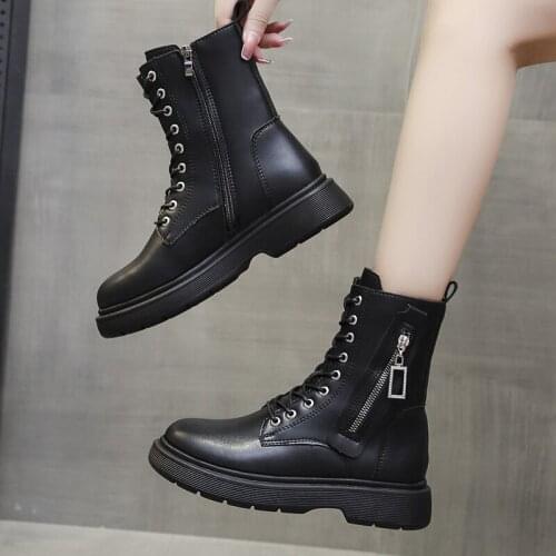 Autumn Boots Womens Shoes Womens Shoes Fashion Round Leather Ankle Boots 2021 Winter Stretch Black Boots Comfortable Boots