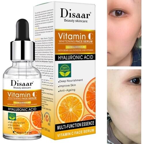 DISAAR Vitamin C Whitening Face Serum Lighten Spots Brightening Facial Skin Essence Fade Dark Spots Remove Freckle Speckle Care