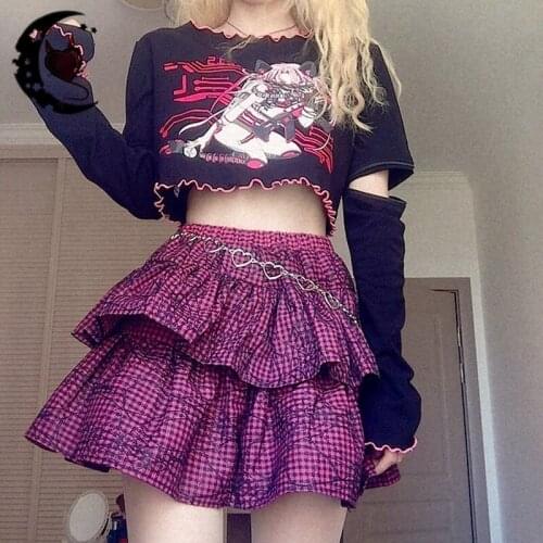 Harajuku Punk Purple Red Plaid High Waist Pleated Skirt Gothic Girls Lolita Cake Mini Skirt Streetwear