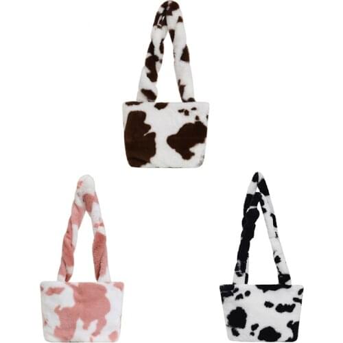 Retro Plush Crossbody Bag for Women Shoulder Bags Fluffy Cow Milk Print Handbag Female Warm Fur Bag