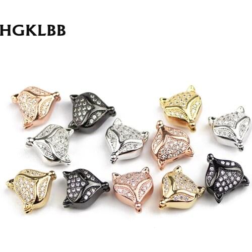 HGKLBB Micro Pave Zircon Fox Pendant Copper Spacer beads 4pcs charms accessories Loose beads for Jewelry making bracelet DIY