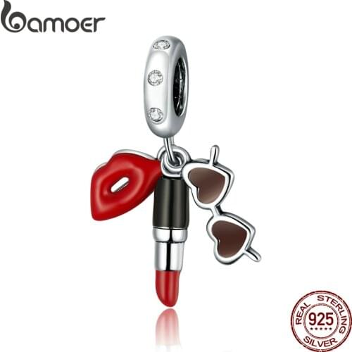 Bamoer Lipstick and Sunglasses Pendant Charm Silver 925 Original Fashion silver Jewelry Diy make Gifts Girl Accessories BSC346