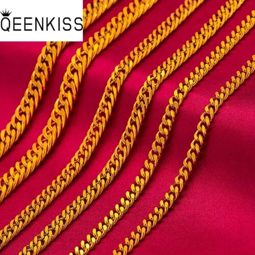 QEENKISS NC5135 Fine Jewelry Wholesale Fashion Man Boy Birthday Wedding Gift Flat 5/6/8/10mm 60cm24KT Gold Chain Necklaces 1PC