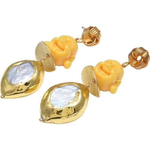 GG Jewelry Natural White Keshi Pearl Nugget Yellow Resin Buddha Beads Dangle Gold Plated Stud Earrings Handmade For Women