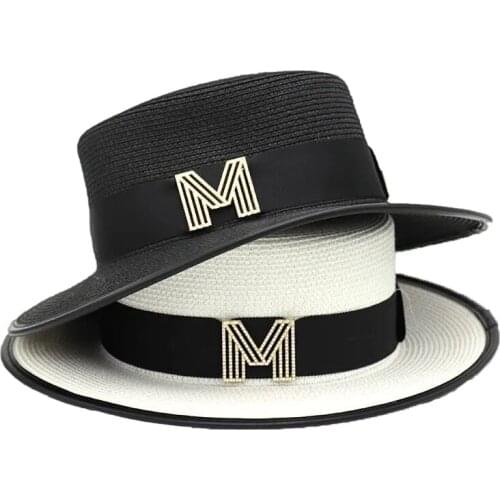 Summer Elegant Retro Women Flat Top Straw Hat Trip Caps Leisure Beach Sun Hats M Letter Breathable Flower Beach Hat