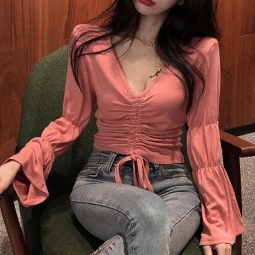 LIBERJOG Women Sexy T-Shirts V-neck Stretch Slim Long Butterfly Sleeve Chic Retro Tshirt Temperament Drawstring FemaleTops