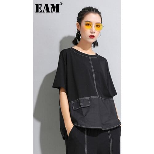 [EAM] 2021 New Spring Summer Round Neck Half Sleeve Black Button Split Joint Loose Big Size T-shirt Women Fashion Tide JW599