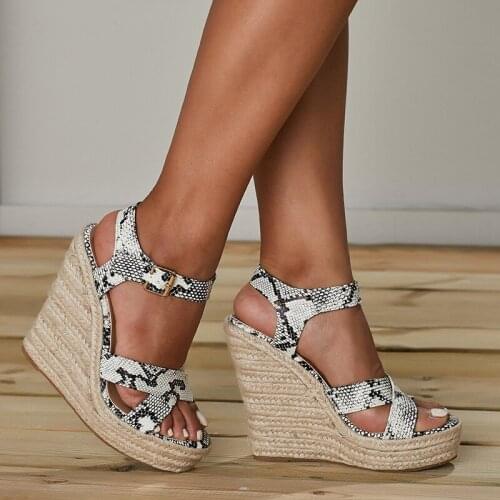 Women sandals PU Buckle Strap 14CM Wedges High heels Round Toe Serpentine Shallow women shoes sandalias mujer 2020 size 35-42