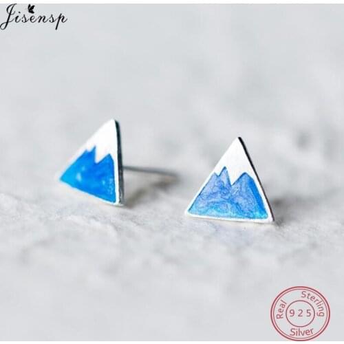 Jisensp 925 Sterling Silver Blue Snow Mountain Stud Earrings for Women Geometric Triangle Earings Female Jewelry aretes de mujer