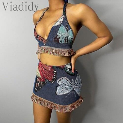 Women Halter Sleeveless Print Tassels Hem Crop Top And Skirts 2 Piece Sets