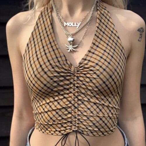 Retro plaid halter neck pleated lace-up sexy small vest womens summer self-cultivation pros and cons tops y2k crop top harajuku