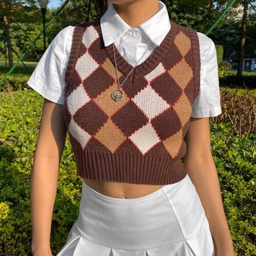 Retro Y2k Argyle Knitted Sweater Vest Womens Summer Autumn 2021 Fashion Preppy Style V-neck Sleeveless Slim Crop Top Streetwear