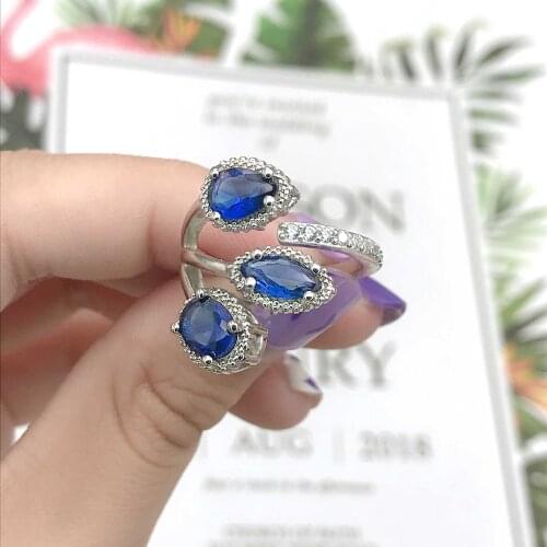 Vintage Charm Rings Geometric Blue Cubic Zirconia Adjustable Size S925 Silvery Jewelry For Women Wedding Party Anniversary Gifts