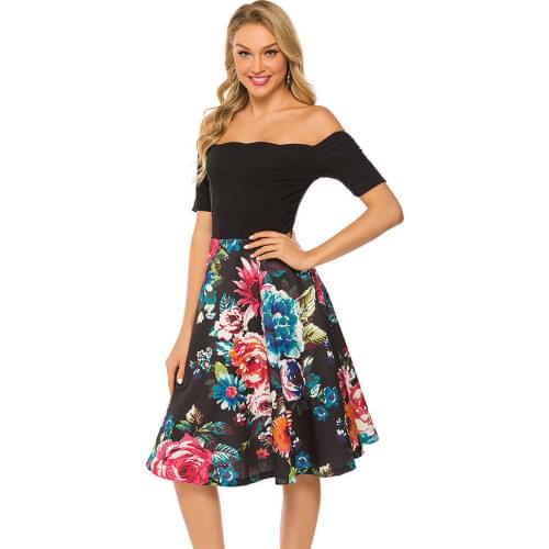 New Spring Summer Womens 2021 Fashion Dress Flower Printing Stitching Slash Neck Short Sleeve Medium Waist Ladies Dress