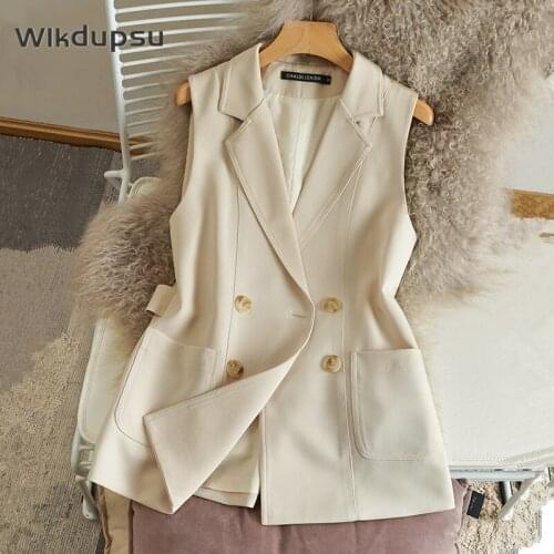 Vest Sleeveless Jacket Women Waistcoat Pockets Vintage Double Breasted Business Office Ladies Outerwear Top Casual Vests Female
