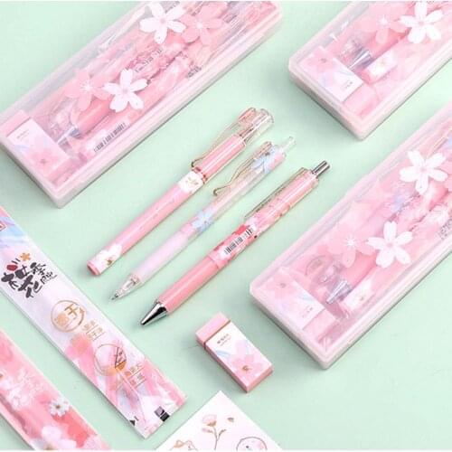1 Set Cherry Blossoms Ice Gel Pen Eraser Sticker Black Ink 0.5mm Signature Pens