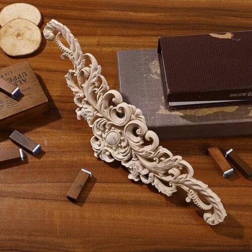 4Pcs Carving Natural Wood Appliques For Furniture Cabinet Unpainted Wooden Mouldings Decal Vintage Home Decor Decorative