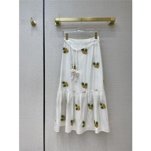 Brand Pleated Luxury 2021 Early Spring High-end New Elegant Holiday Skirt Casual Pineapple Embroidered Ruffles Long Skirts