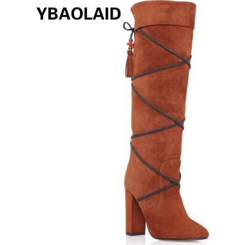 Pointed Tassel Beaded Thick Heel Long Knee Boots New Pure Color Cross Strap High Heel Elastic Boots for Autumn and Winter