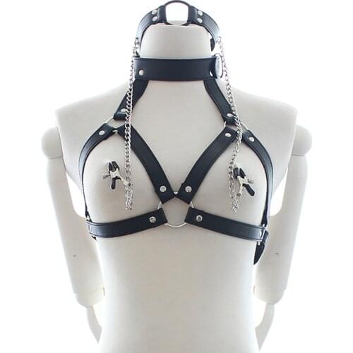 PU Leather Bondage Restraints O Ring Gag with Nipple Clamps,open bra with Collar Fetish Adult Games Sex Toys for Couples