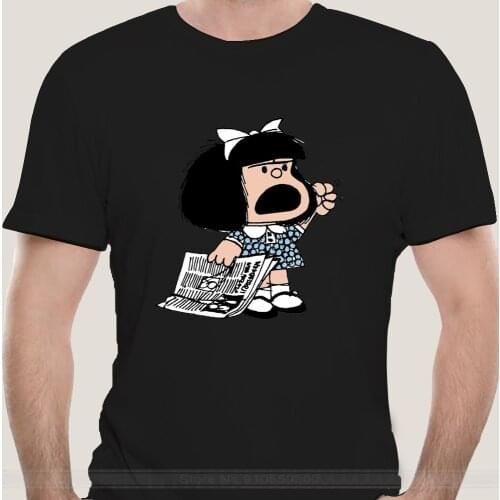 Angry Mafalda with newspaper and fist raised cartoon quino argentina T shirt girl childhood childhood complain complaint
